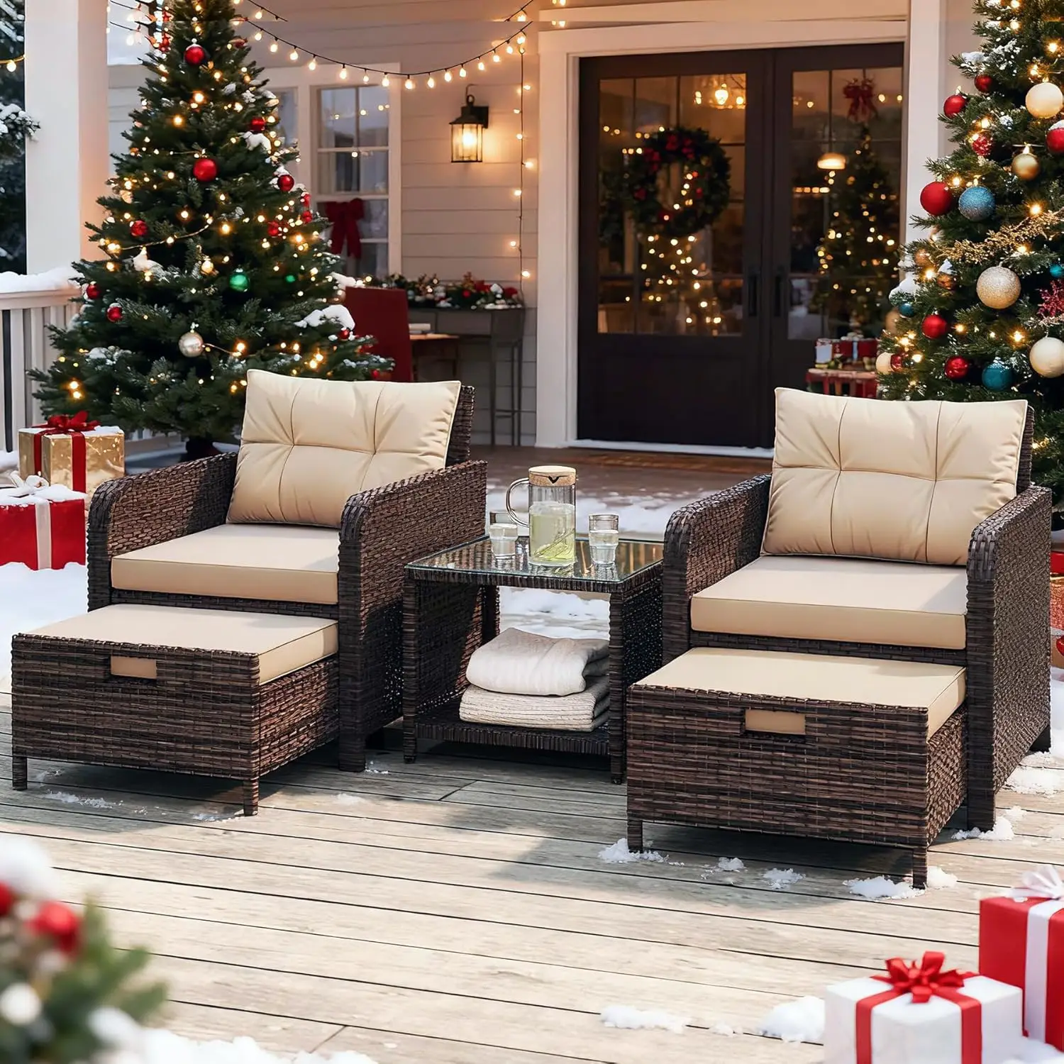 5-delige buitenterrasset met stoelen, poef en salontafel met kussens – beige en bruin