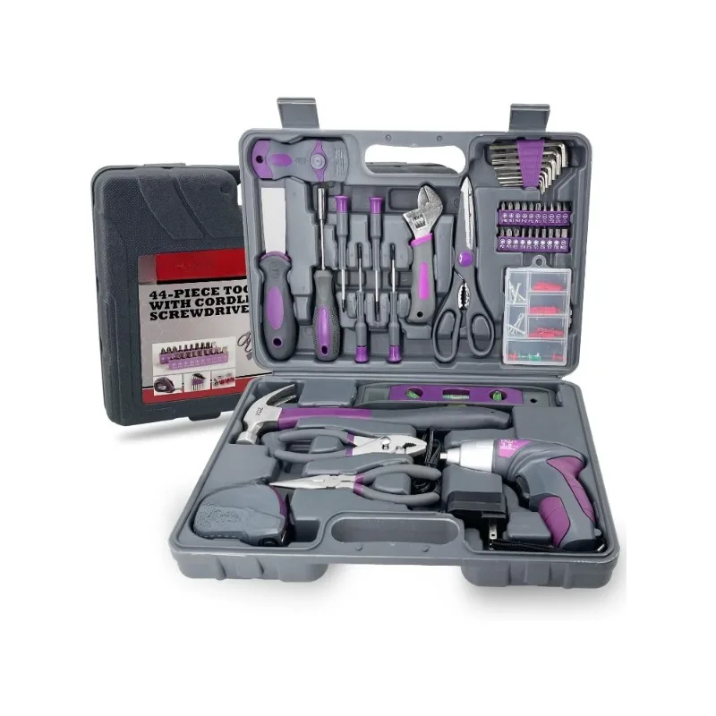 44PCS 4V Cordless Screwdriver Tool Kit Set Pink Color Tools Lady Tools Kit Home Repair Set Toolbox Hand Tool