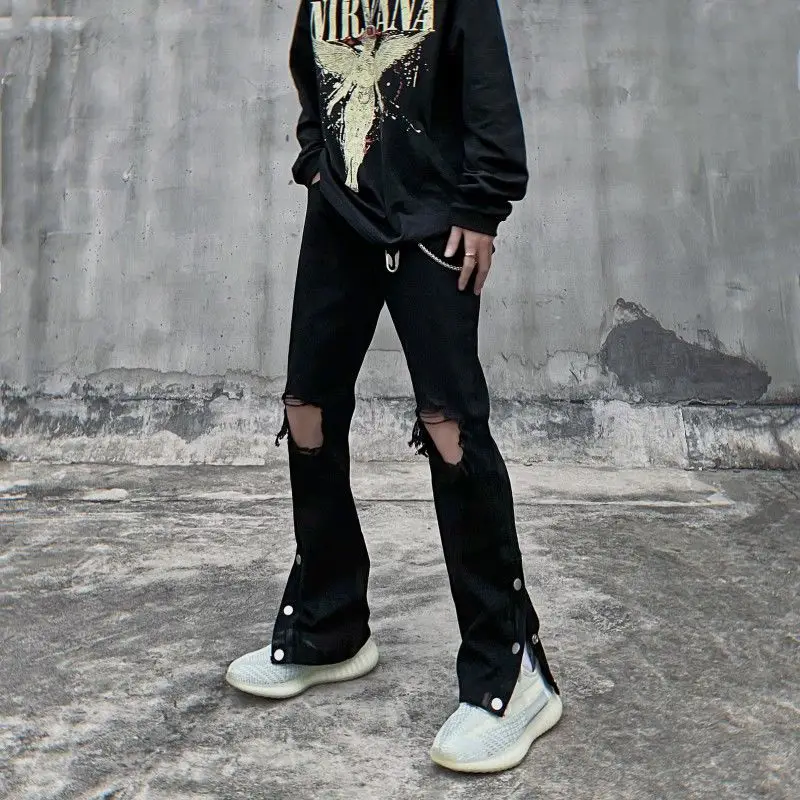 

High Street Washed Split Split Hole Jeans Men's Ins Fashion Brand Breast Black Retro Ruffian Shuai Slim Fit Tear Long Pants