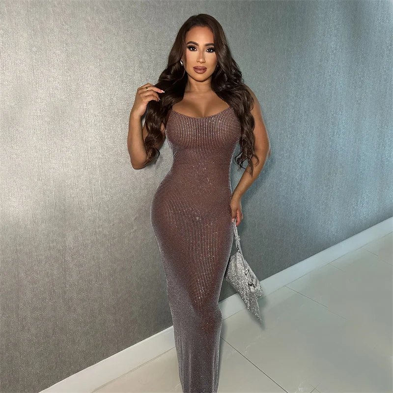 Doyerl Sparkly Diamonds Birthday Dresses Luxury Women Birthday Night Club Mesh Sheer Backless Sheath Party Prom Long Dress Robes