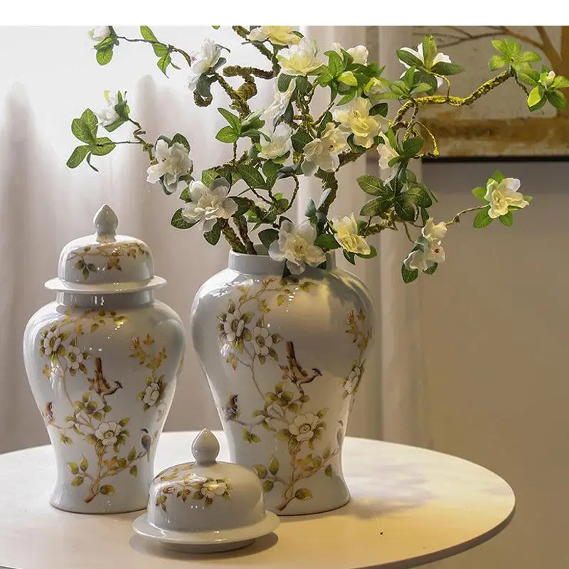 Flower and Bird Patterns Ginger Jar Ceramic Storage Artificial Vase Porcelain Jewelry Jars Cosmetic Containers