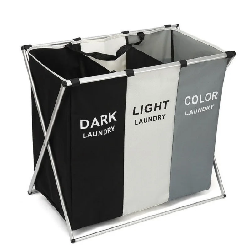 

Hot Selling Folding 3 Sections Luxury Laundry Hamper Collapsible Baskets Dirty Clothes Storage Bags For Bathroom