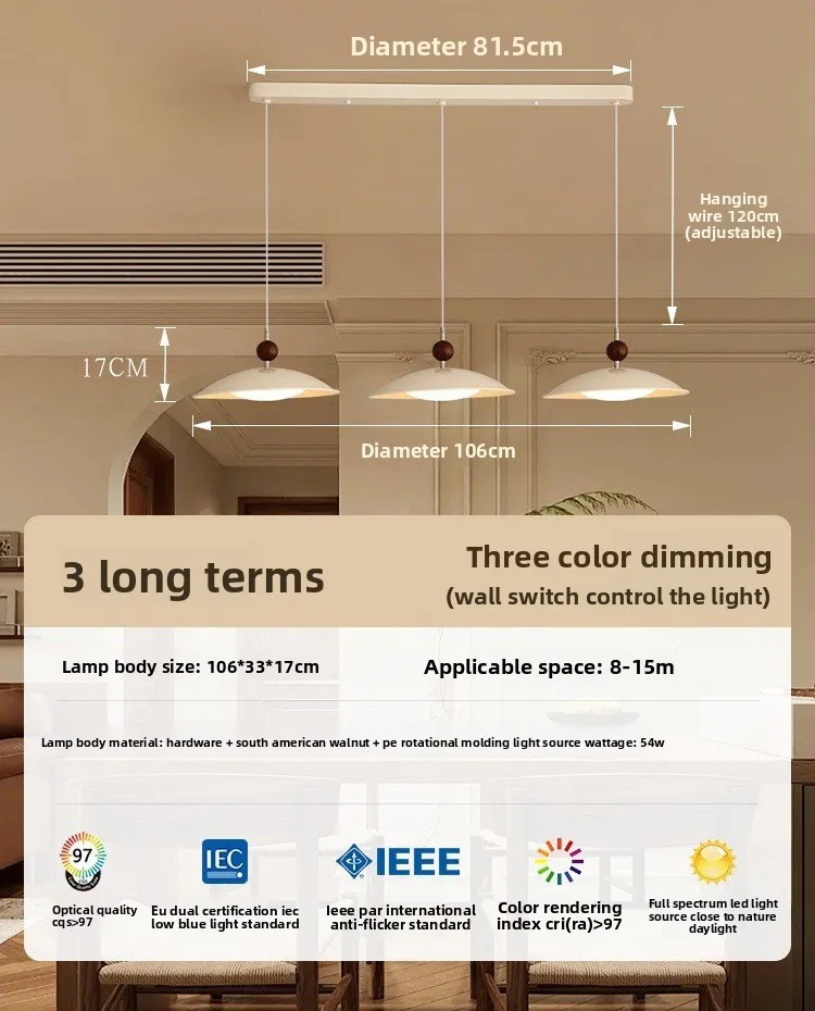 UFO-vormige schommelarmrestaurant, driekoppige kroonluchter, grote bar, design minimalistische stijl, hanglamp voor studeerkamer