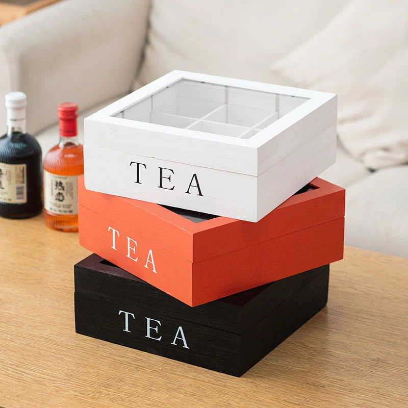 Wood Tea Bag Storage Box With Clear Lid 9 Compartments Square Container Desktop Jewelry Organizer Tea Box Case