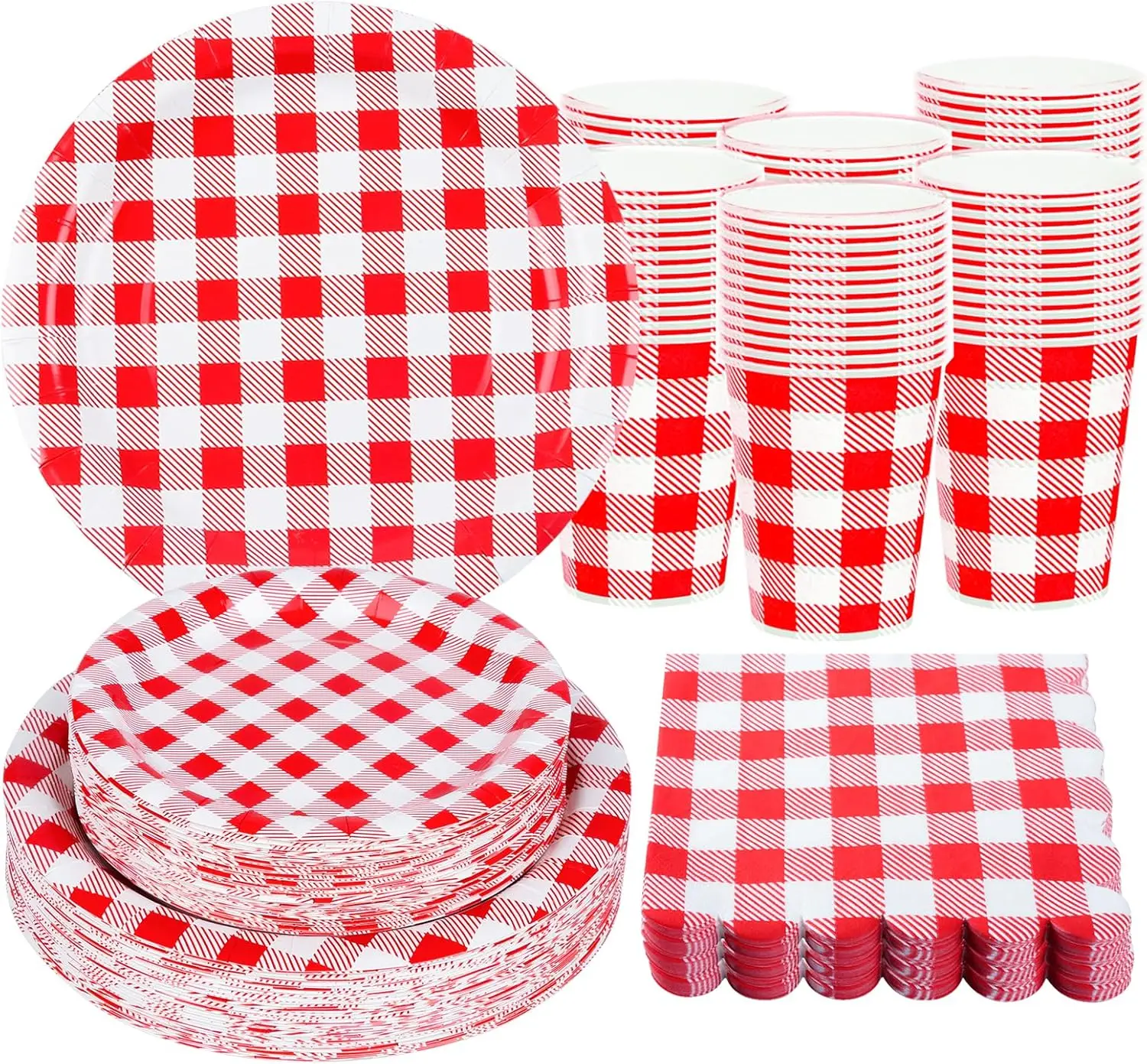 

200Pcs Christmas Red Gingham Party Supplies Red Gingham Paper Plates and Napkins Cups Plaid Party Plates Disposable Reds