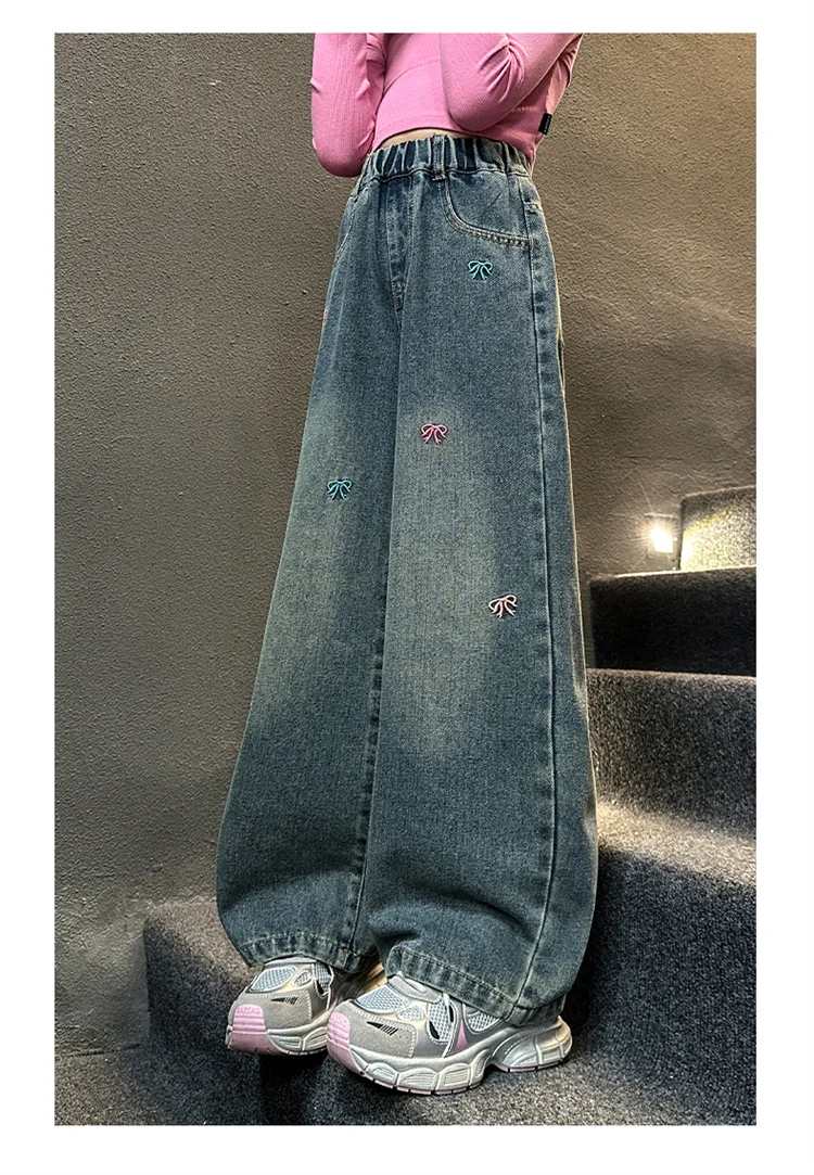 Heißer Verkauf: Modische Jeans mit Schleifenstickerei für Mädchen im Teenageralter, lässige gerade Jeanshose für Teenager, modische Jeanshose für Kinder – Detail 6