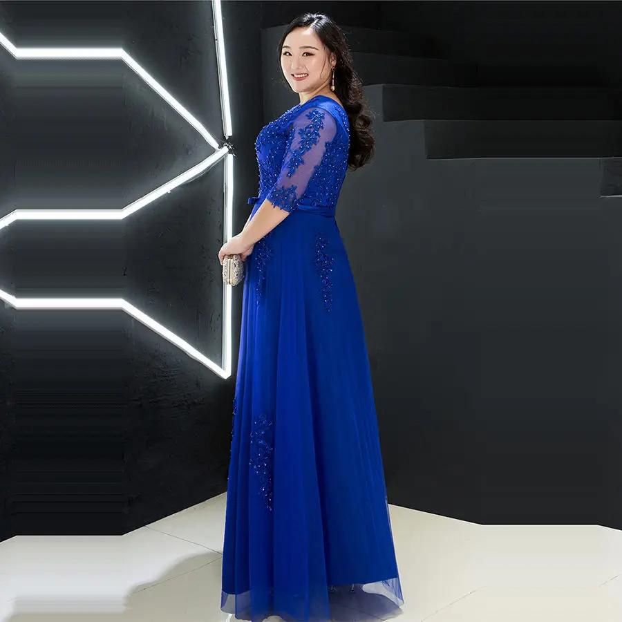 Evening Dress Royal Blue Beading T357 V-Neck Robe De Soiree Half Sleeves A-line Floor Length Plus size Women Party Formal Gown