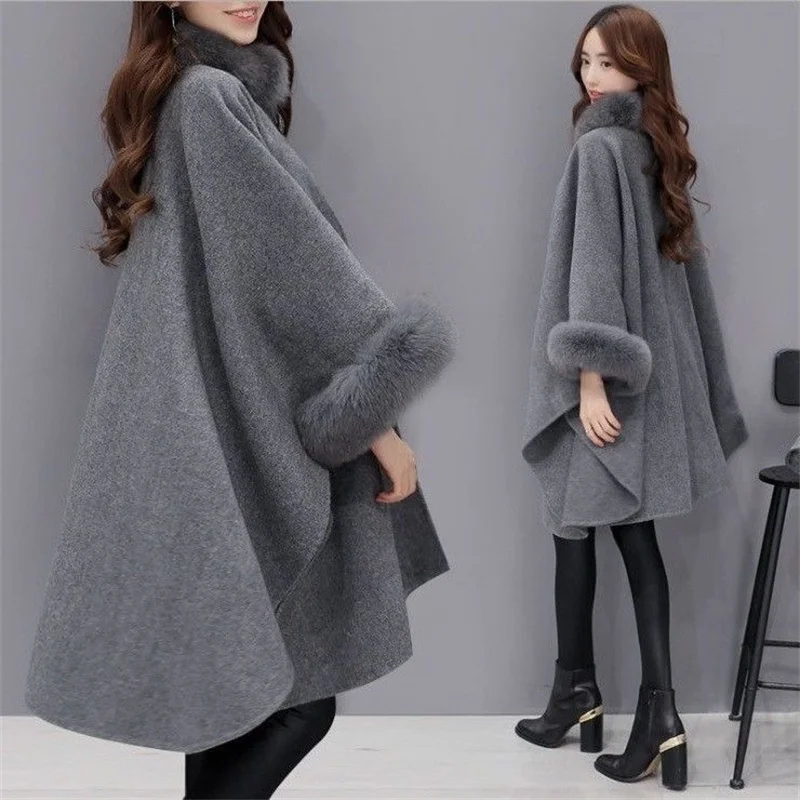 2024 Herfst Winter Nieuwe Mode Vrouwen Lange Imitatie Vos Bontkraag Wollen Jas Cape Cape Hepburn Stijl Wollen Plus-size Top