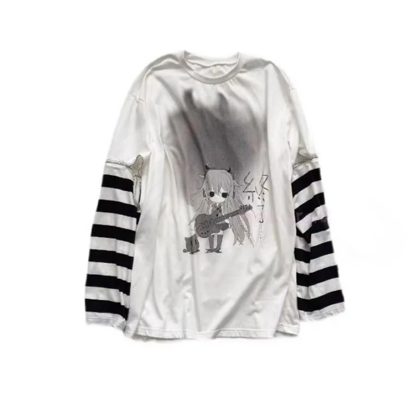 Long Sleeve T-shirt Stripe White Casual Y2k Loose Subculture Punk Rock Spring 2024 Women Top Harajuku Coaplay Japanese Shirts