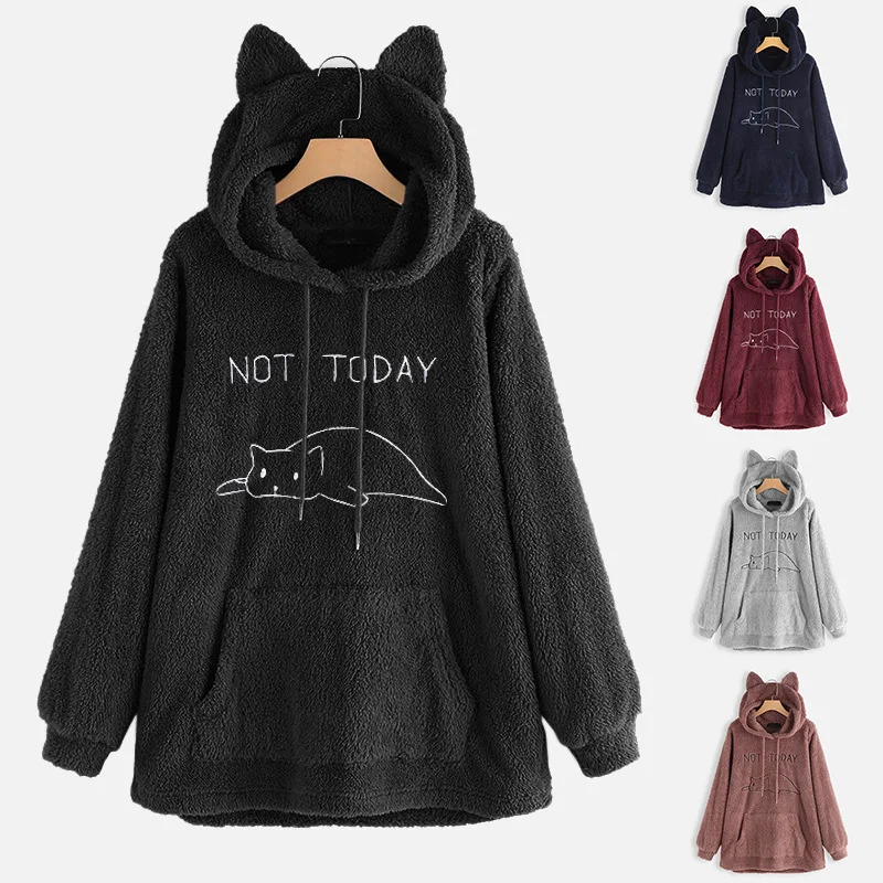 

Autumn And Winter New Hooded Sweater Loose Print Double Sided Plush Long sleeved Hooded Pullover Cartoon Cute Ears Women's Wear