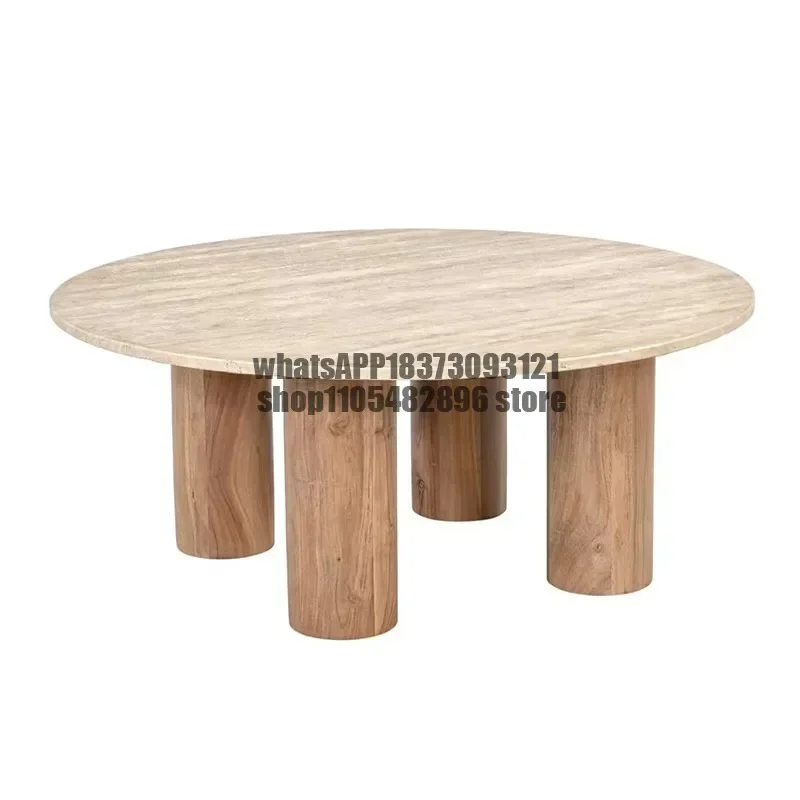 Natural travertine coffee table modern simple living room coffee table round solid wood tea table