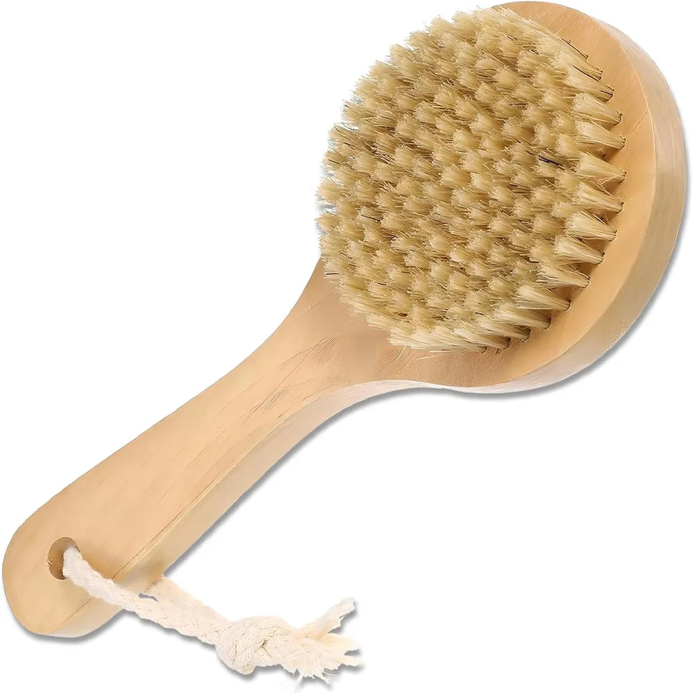 Cepillo de baño seco con mango corto, cepillo para espalda con cerdas naturales, mango de madera antideslizante para exfoliación y circulación sanguínea