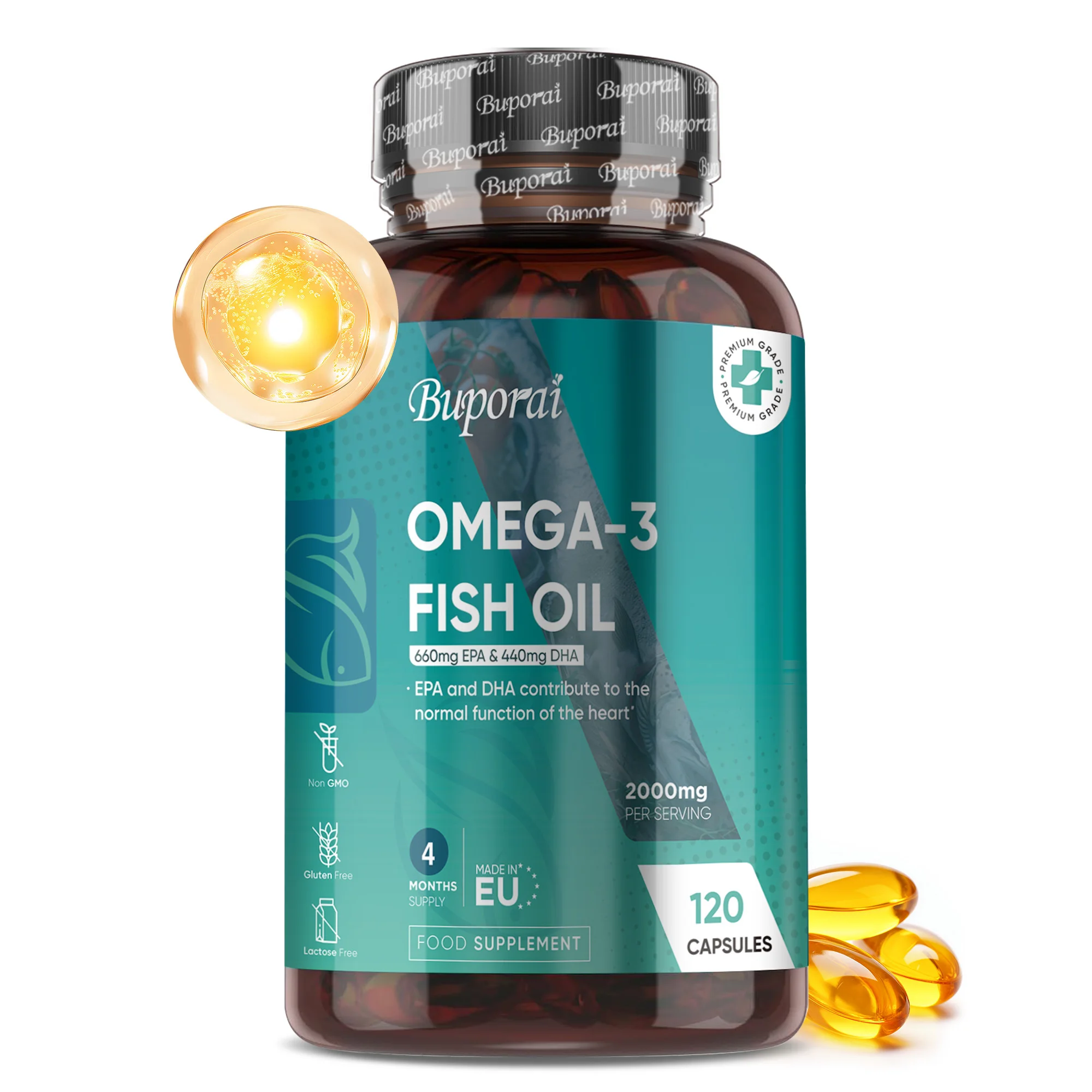 

Omega 3 Fish Oil 2000mg - Boosts Natural Energy and Improves Immunity, Helps Maintain Normal Brain Function and Healthy Vision
