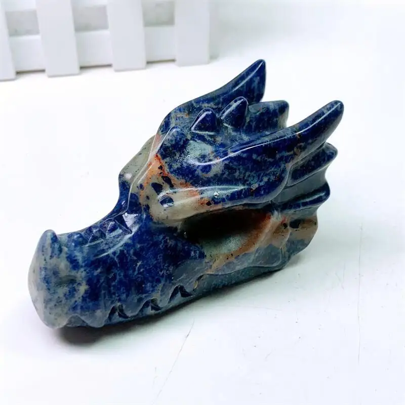 Natural Blue Sodalite Hand Carved Dragon Skull, Quartz, High-Quality Crystal, Healing Fashion, Home Decoration Gift, 10cm, 1Pc