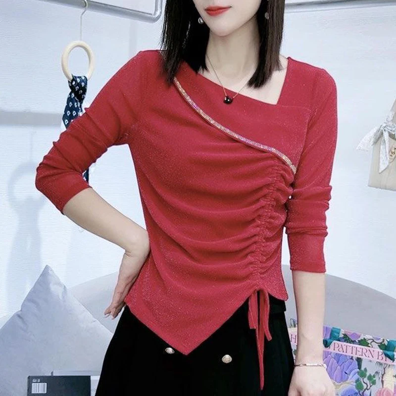 Women Clothing 2024 Spring Autumn Korean Fashion Ruched Asymmetrical Basic T-shirt Female Rhinestone Mesh Slim Long Sleeve Tops