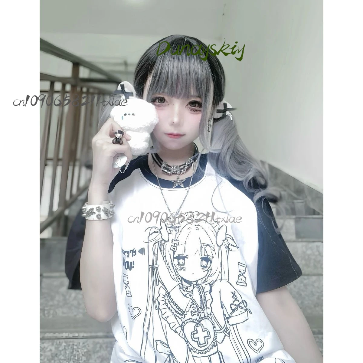 Subcultural water color Jirai Kei 고딕 달콤한 여름 반팔 티셔츠 퓨어 코튼 abi 라이트 애니메이션 탑 여성 루즈 캐주얼