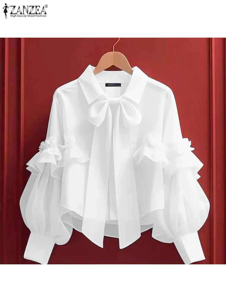 ZANZEA 2024 Chic Lantern Long Sleeve Chemise Office Lady Chiffon Blouse Fahion Women Solid Shirts Vintage Tie Up Lapel Neck Tops