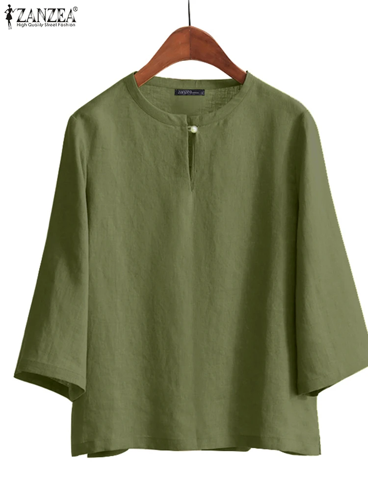 

ZANZEA Women Vintage Cotton Linen Blouses Round Neck Three Quarter Sleeves Everyday Casual Blusas Mujer 2025 Fall Solid Chemises