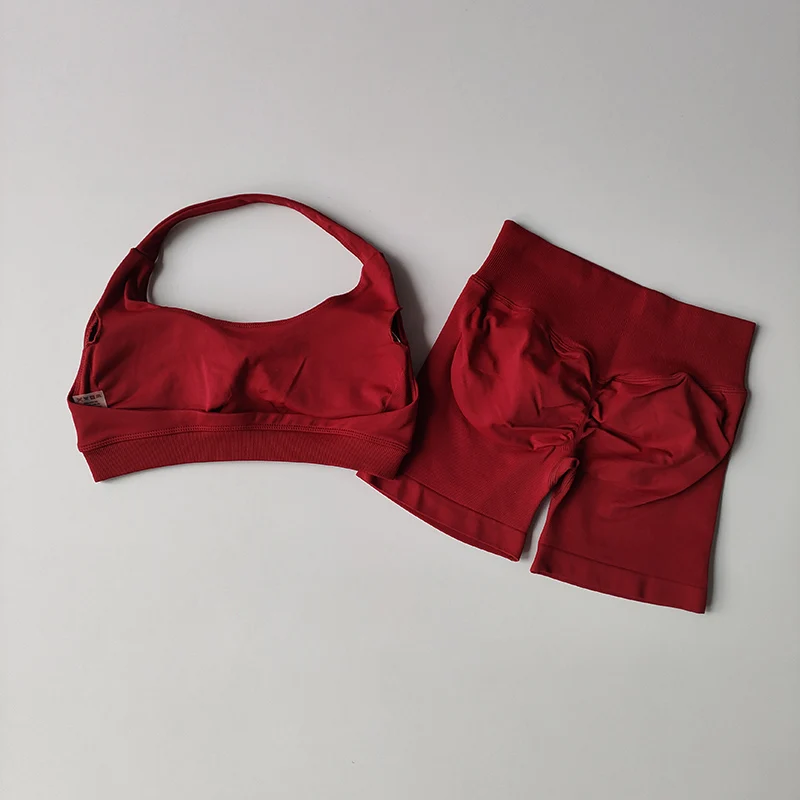 2-teiliger Yoga-Anzug für Damen, nahtlose Fitness-Gym-Kleidung, Neckholder-Sport-BH, passende Shorts, Workout-Set, Gym-Outfit – Detail 19