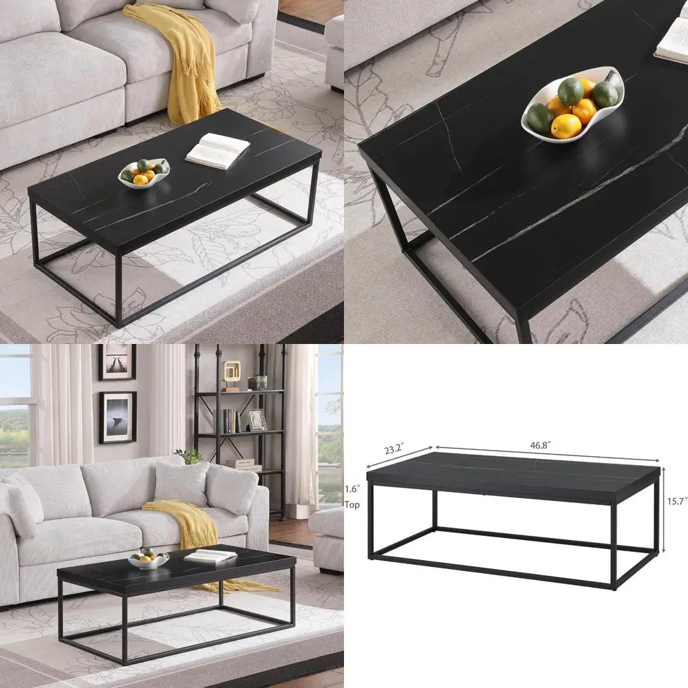 47 Modern Industrial Coffee Table - Black Marble Top with Wood and Metal Frame for Living Room