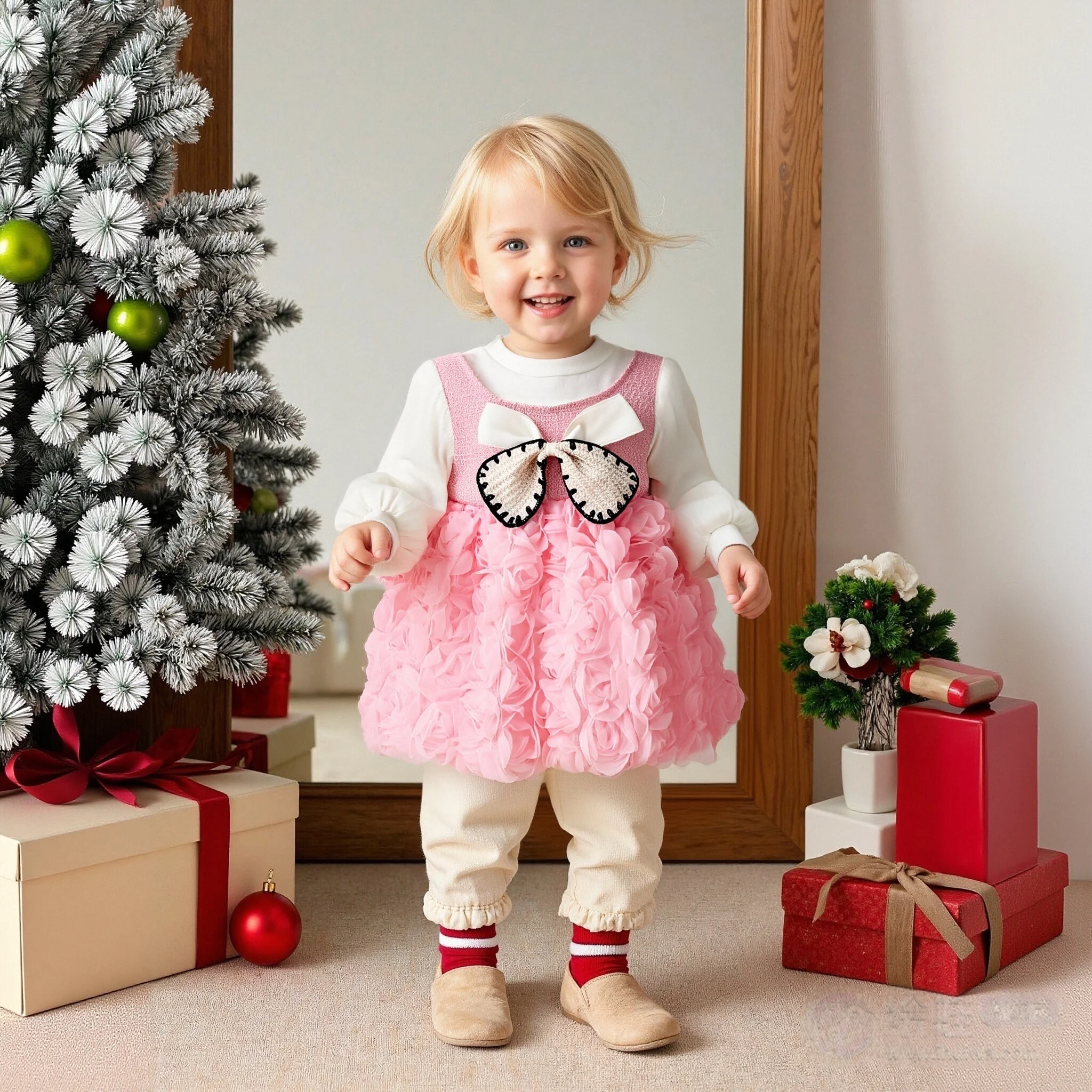 

Baby Girl's Christmas Dress With Spring/Autumn Bow And Flower Pattern Solid Color Dress Cute Casual Style Children's Skirt