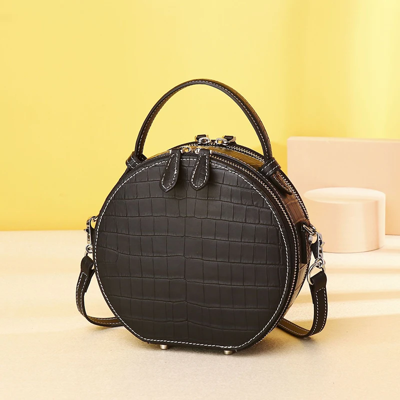 Crocodile Pattern Round Bucket Bag, Genuine Leather Women's Bag, Luxury Handbag, One Shoulder Diagonal Cross Small Bag