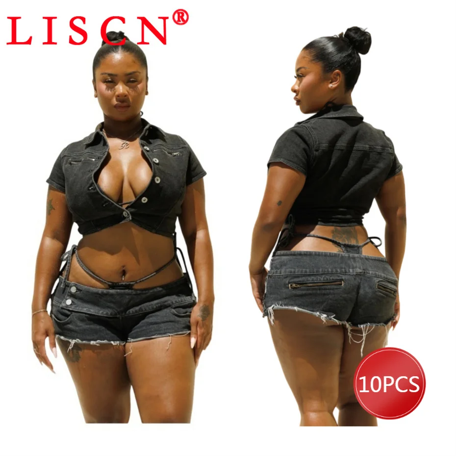 10 Bulk Items Wholesale Lots Denim Two Piece Set Womens Outfits 2026 Summer Short Sleeve Top + Shorts Y2k Tracksuits K16670
