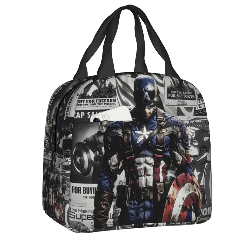 

Custom Captain America Cool Superhero Lunch Bag Men Women Comics Design Cooler Warm Insulated Lunch Box for Adult Office