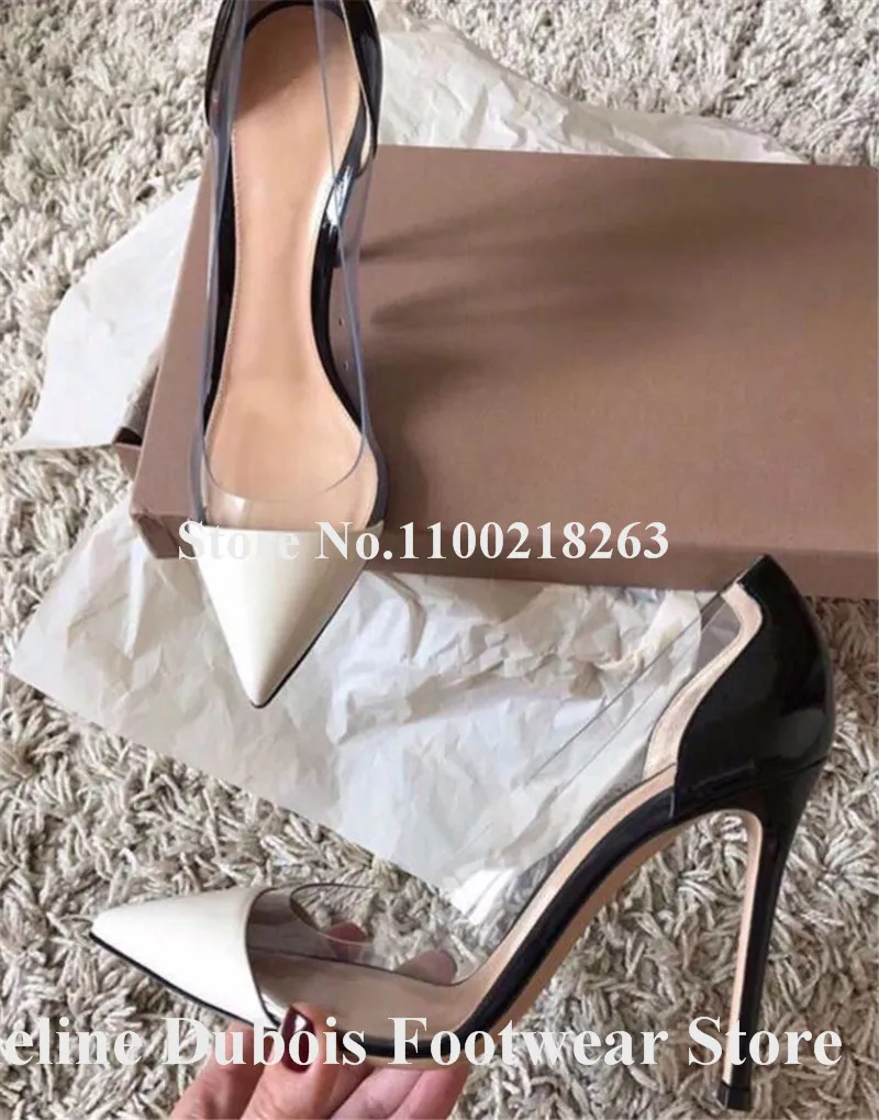 PVC Patchwork Pumps Emeline Dubois Designer Pointed Toe Clear Transparent Stiletto Heel Dress Shoes Slip-on Party Club Heels