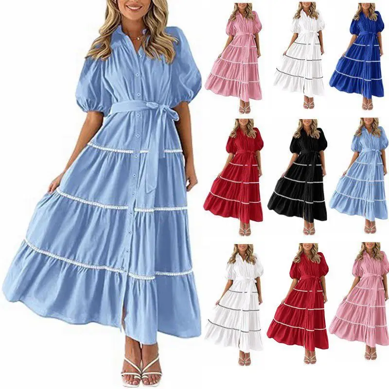 2025 verão nova moda manga bolha rendas vestido feminino simples em camadas dobrado feminino manga curta camisa vestidos