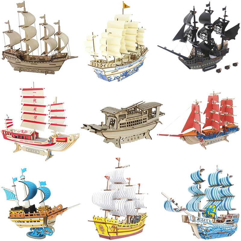 

Wooden 3D Puzzle Sailing Boat Ship Model Wood Jigsaw DIY Assembly Kits Educational Toys For Children Kids Party Games Gift