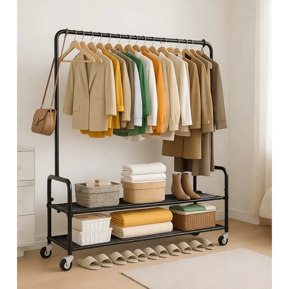 

Прочная передвижная вешалка для одежды с полками, 46,5 дюймов, большая вместимость для одежды и пальто, черная