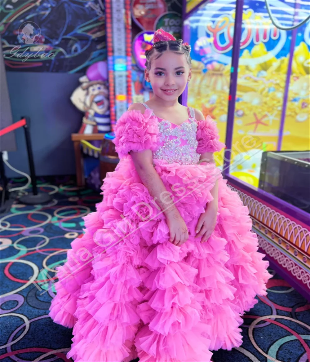 

Elegant White Lace Flower Girl Dress With Thin Straps Puffy Skirt For Wedding Birthday Party Communion Child Prom Customizable