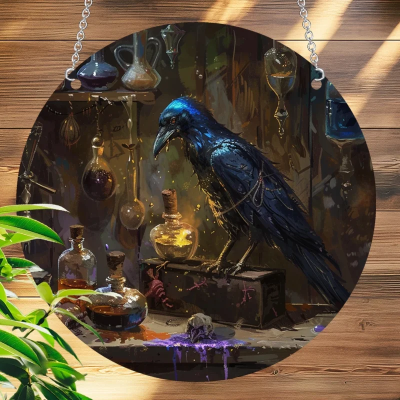 Halloween Crow Magician Catcher - Acrylic Round Pendant, Versatile Garden and Home Decor for Festivals and Weddings