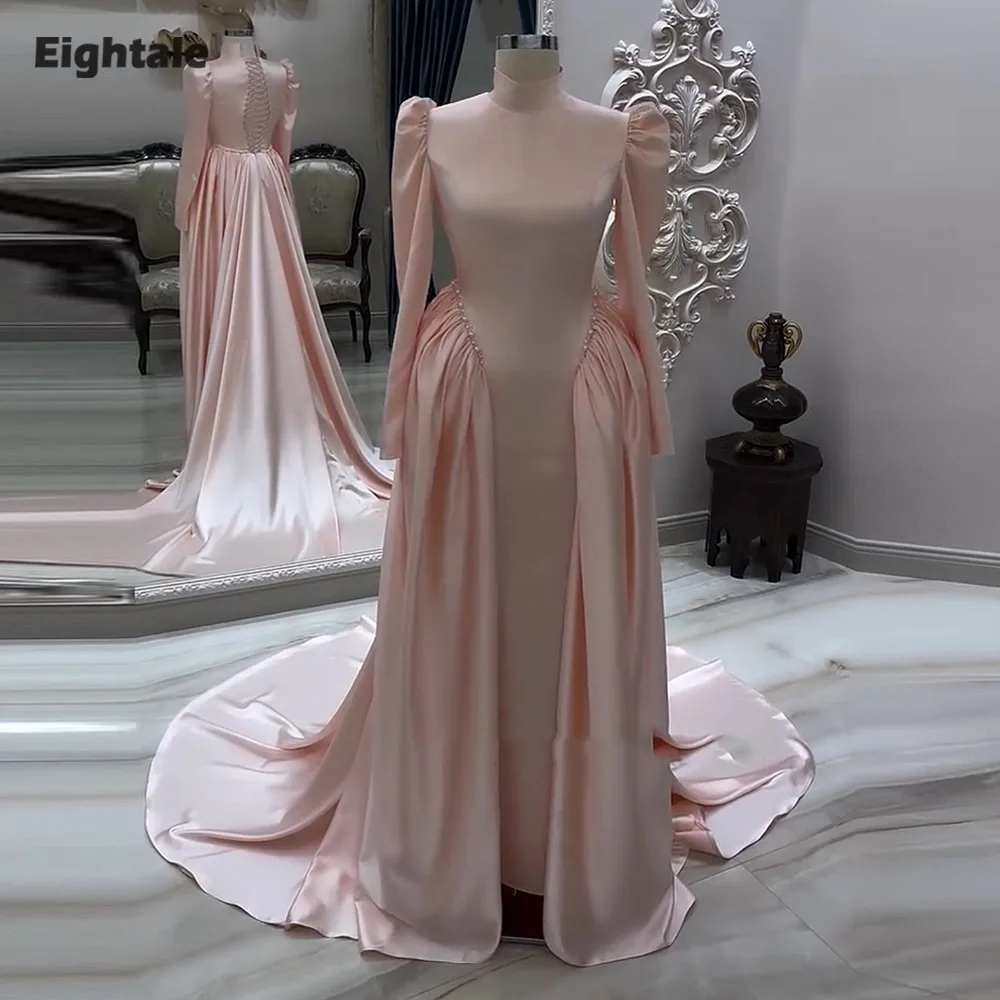 

Eightale Pink Evening Dress Beaded Pearls Customized A-Line Long Sleeves Arabic Prom Satin Wedding Party Gown Vestidos De Gala