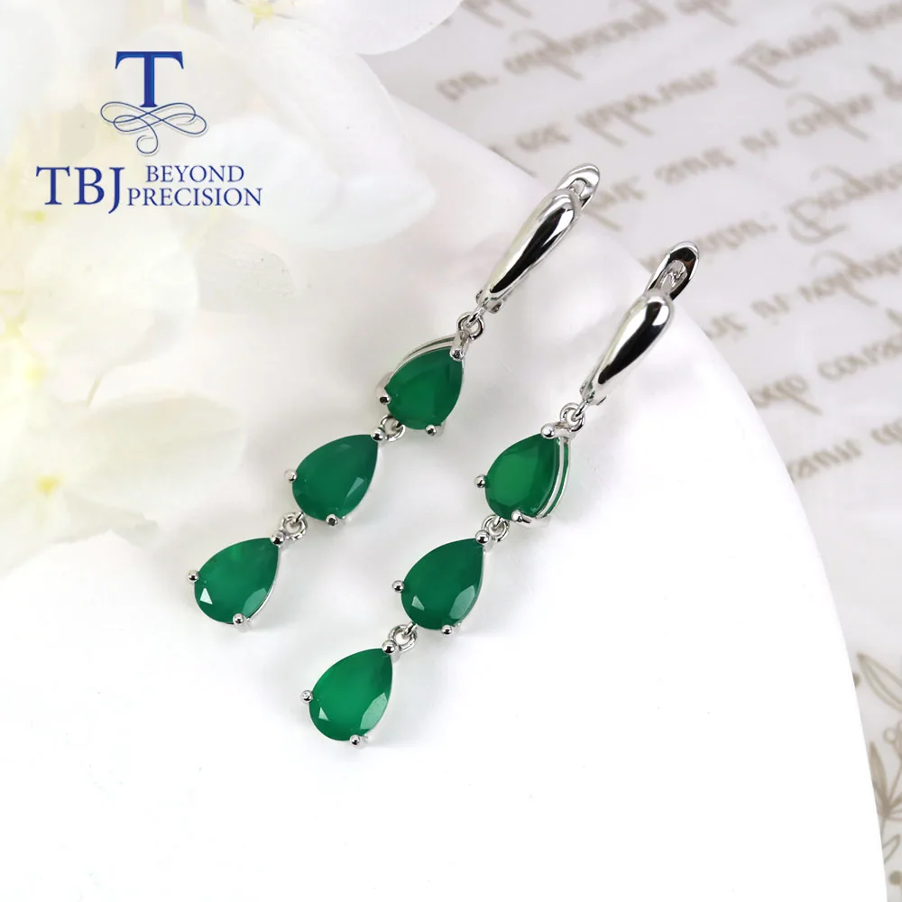 

New natural green agate pear 6*9mm long earrings 925 sterling silver fashion design women fine jewelry