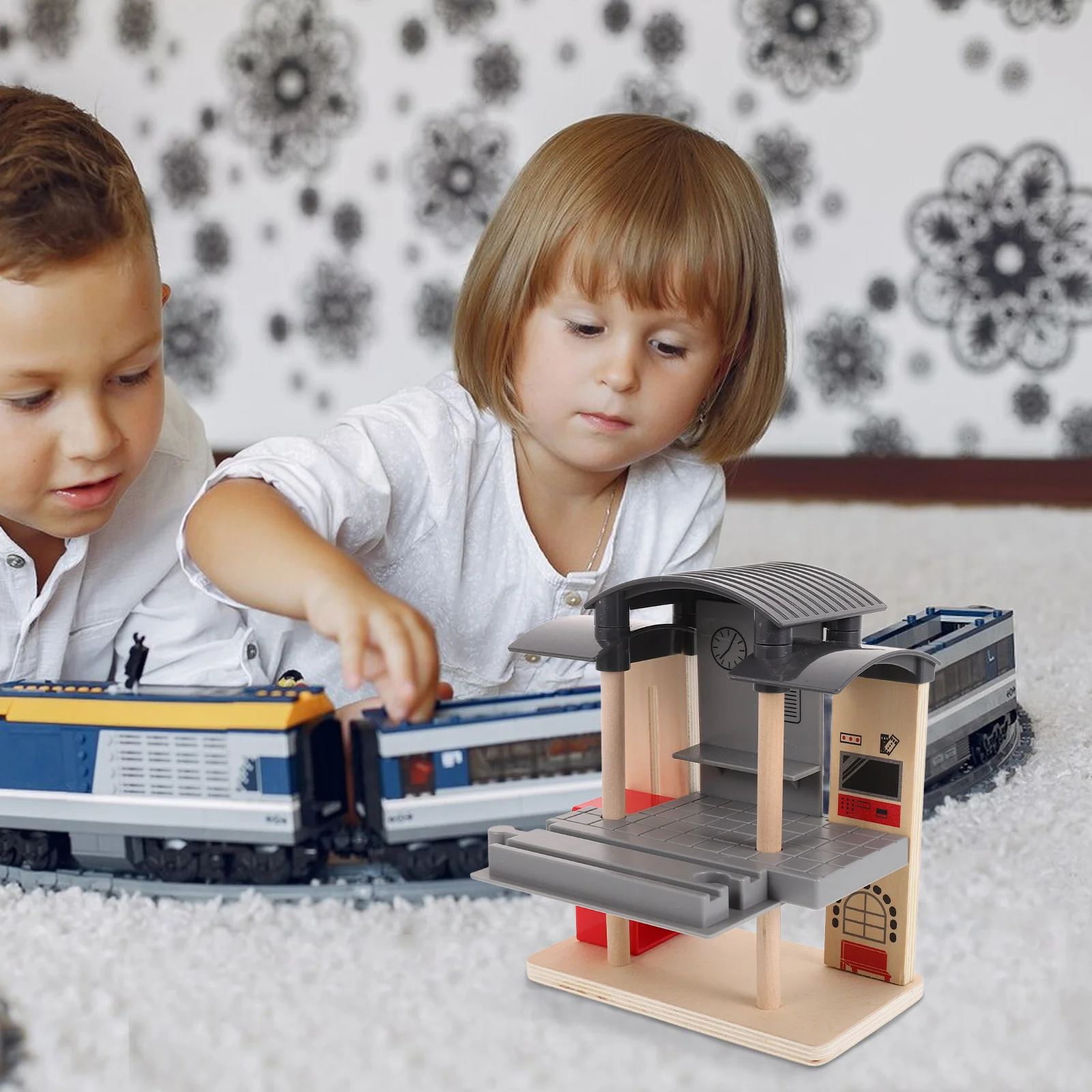 Brinquedos infantis, estação ferroviária, acessórios de trilho, conector de madeira, modelo de ponte, rolamento, criança