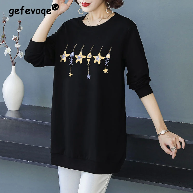 Women Autumn Winter Korean Fashion 2022 Long Sleeve Round Neck All-match Pullover Female Clothes Print Casual Loose Tunic Tops