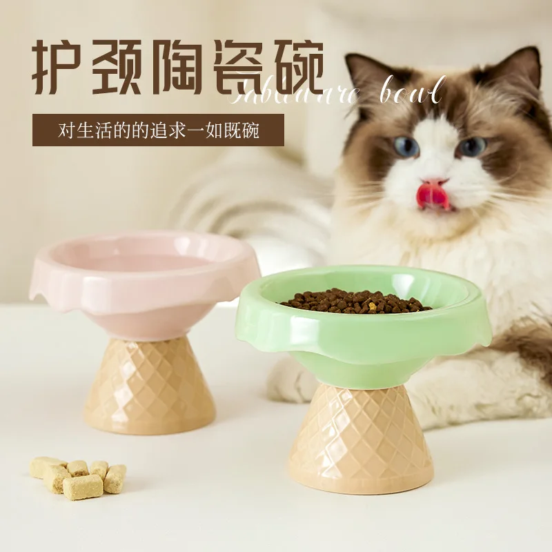 Ceramic cat bowl, pet bowl, ice cream bowl, high foot oblique mouth neck protectionanti-knock cat food bowldrinking bowldog bowl