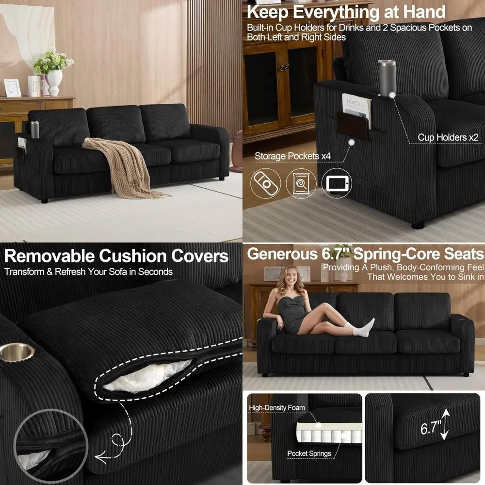 

Modern Comfortable 3-Seater Oversized Sofa with Deep Seats and Cup Holders, Ideal for Living Room in Corduroy Fabric