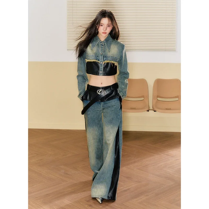 E-girl Blue Women's Jeans High Waist Hip Hop Straight Fashion Pant Streetwear Harajuku Y2K Spliced Female Wide Leg Denim Trouser