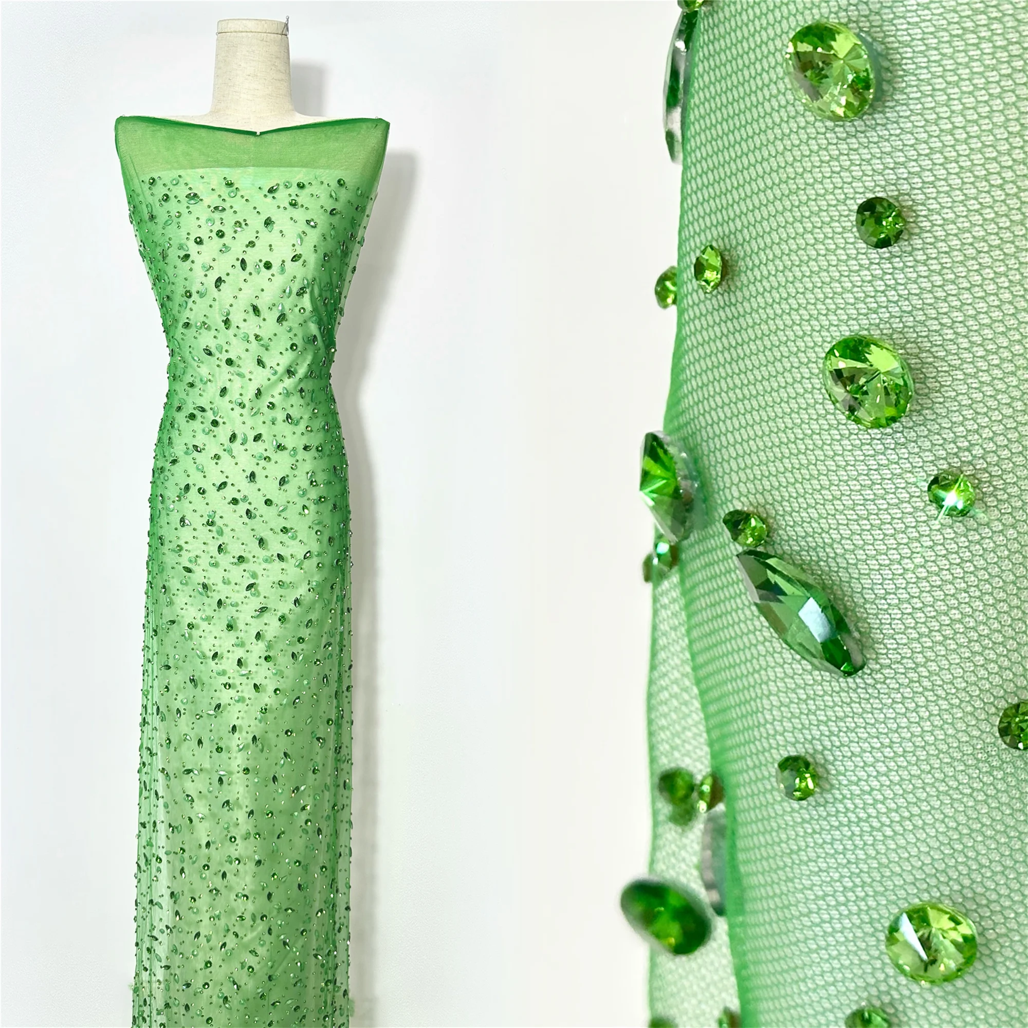 High Quality Heavy Handmade Green Color Tulle Lace Material Mesh Net Lace African Mesh Stones Lace Fabric