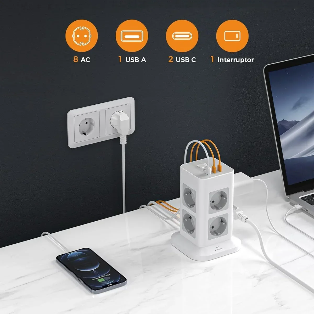 TESSAN Multipresa a Torre con 8 Prese 1 USB 2 Tipo C Presa a Torre Verticale con Prolunga da 2 M Protezione da Sovratensione 