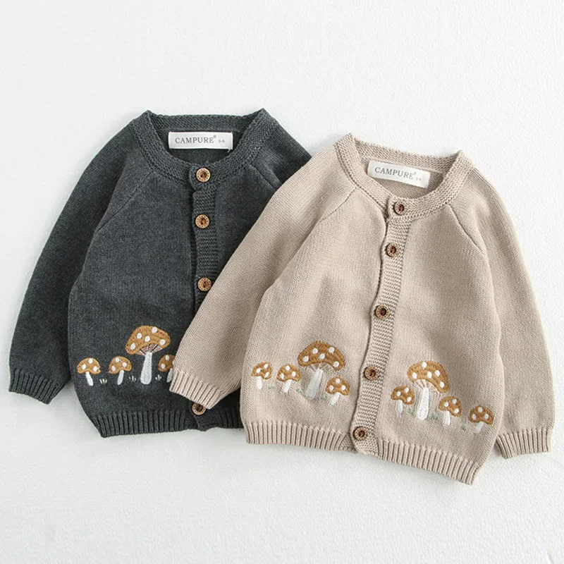 Autumn Baby Boys Kint Cardigan New Winter Baby Girls Knitted Sweaters Embroidery Mushroom Toddlers Kids Cotton Cardigan Coats