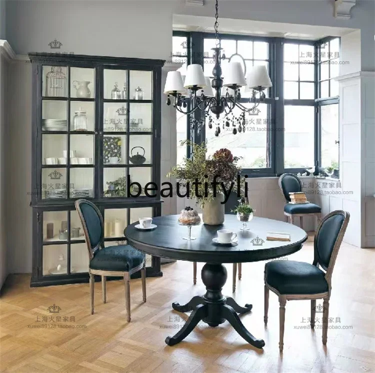 

American country solid wood retro round dining table simple American dining table and chair combination2936
