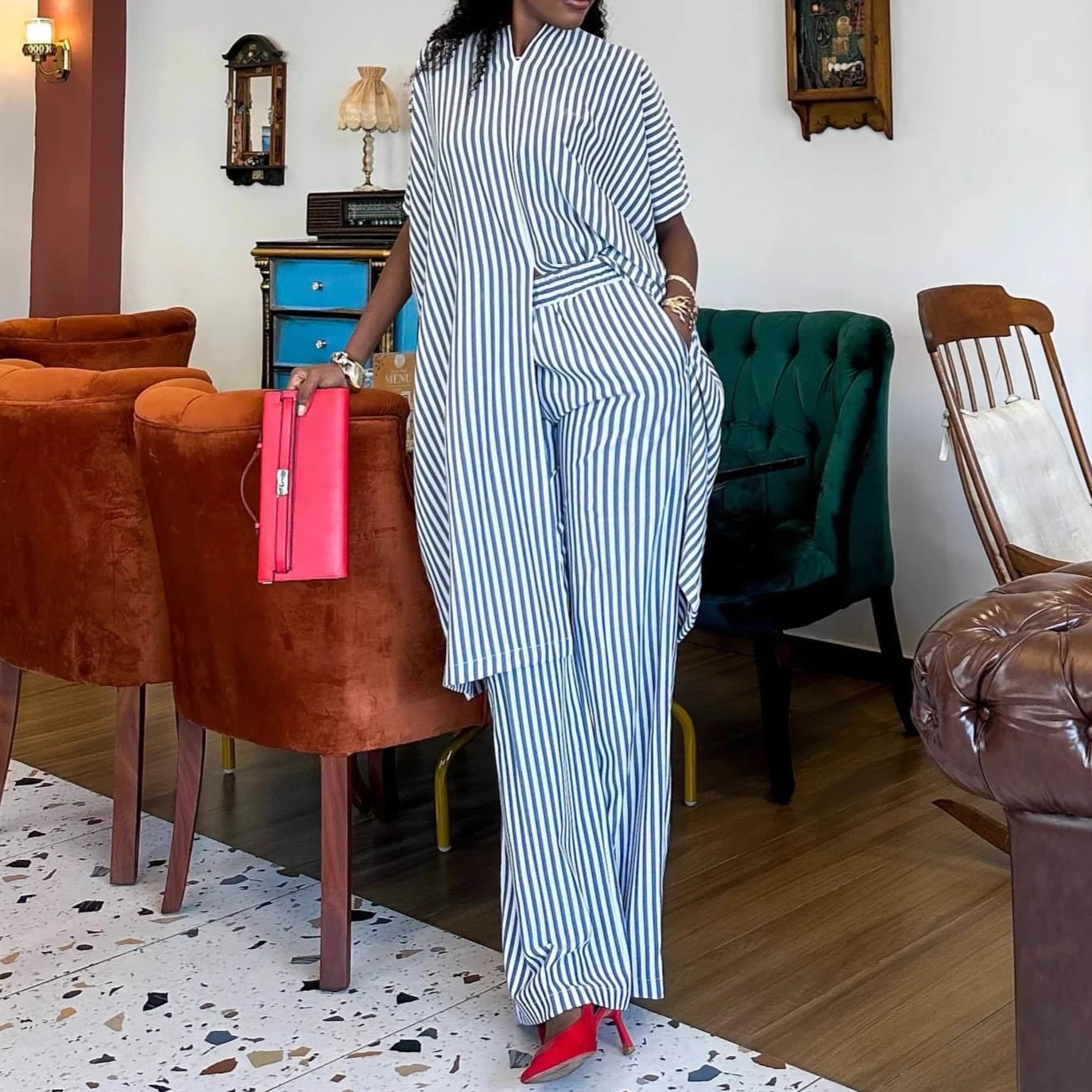 

Women Pant Set Two Piece Sets V Neck Mid Length Tops Striped Wide Leg Long Pants High Waist Y2k Streetwear Casual Loose 2025