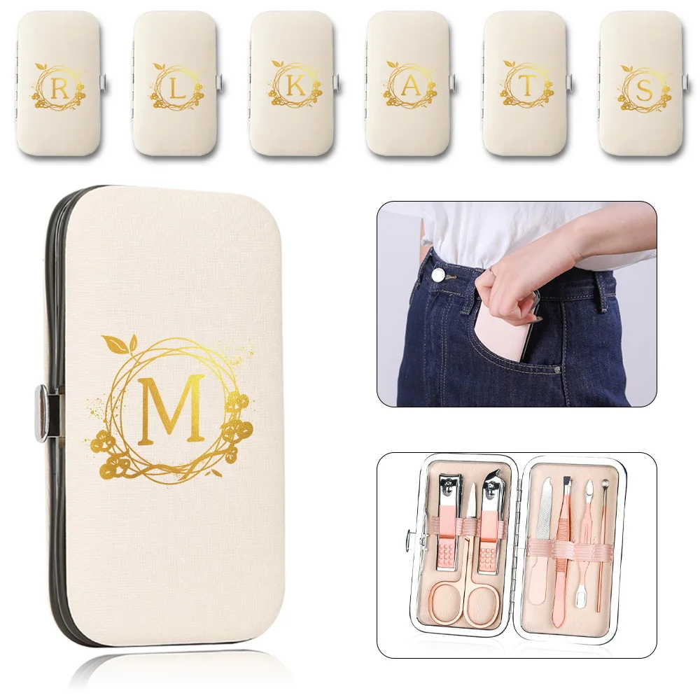 7Pcs Portable Manicure Set Nail Clippers Kit Stainless Steel Pedicure Tool Case Trimmer Cutters Organizer Wreath Letter Pattern