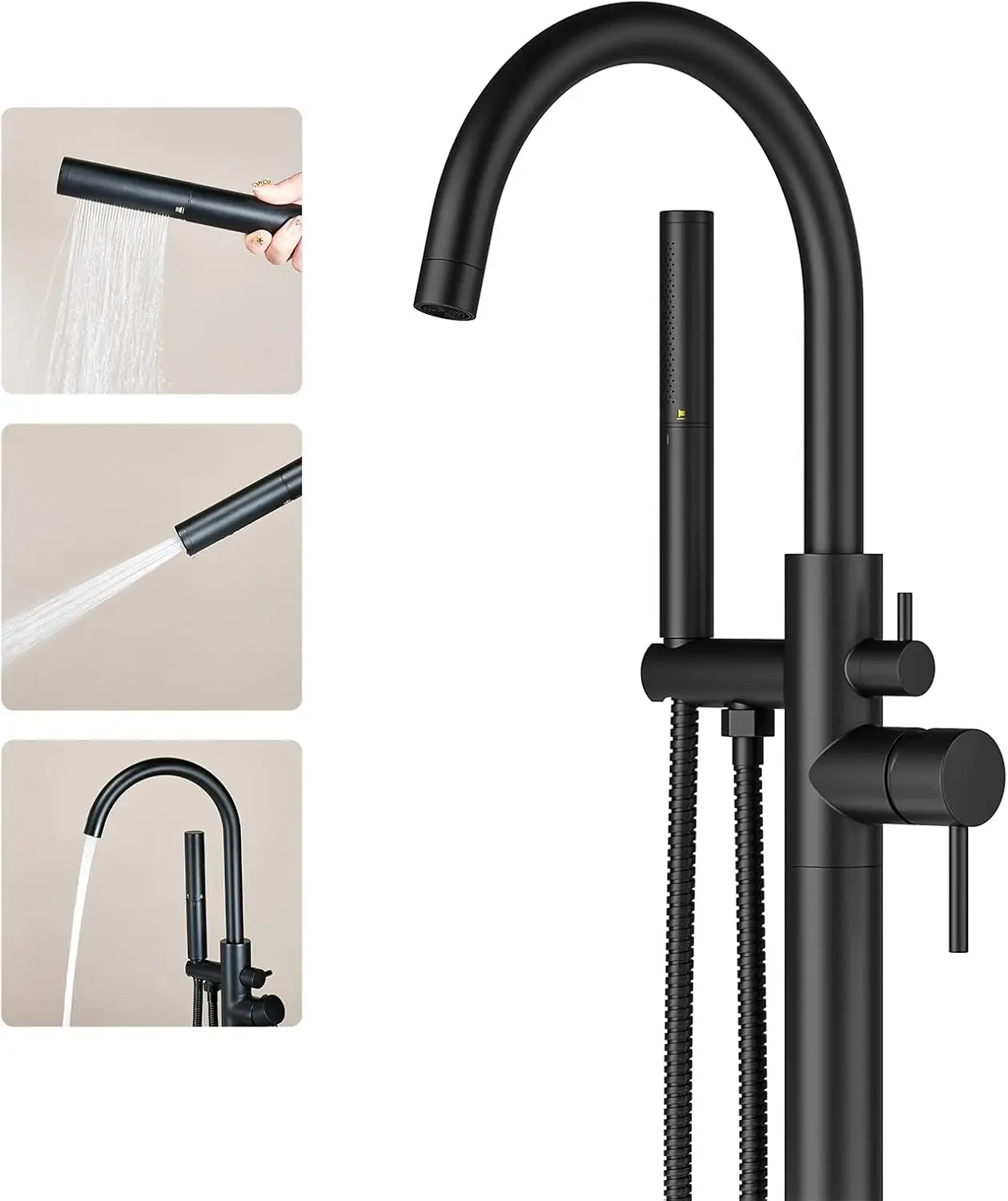 

Floor Mount Bathtub Faucet Matte Black Gooseneck with Hand Shower