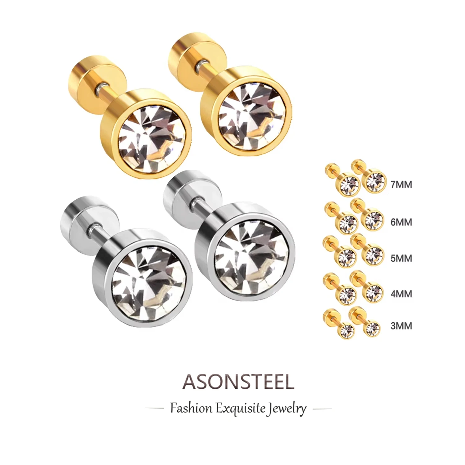 ASONSTEEL 3-7mm Classic Stainless Steel Stud Earring Round Cubic Zirconia Piercing Gold Color Women Men Jewelry Anti Allergic