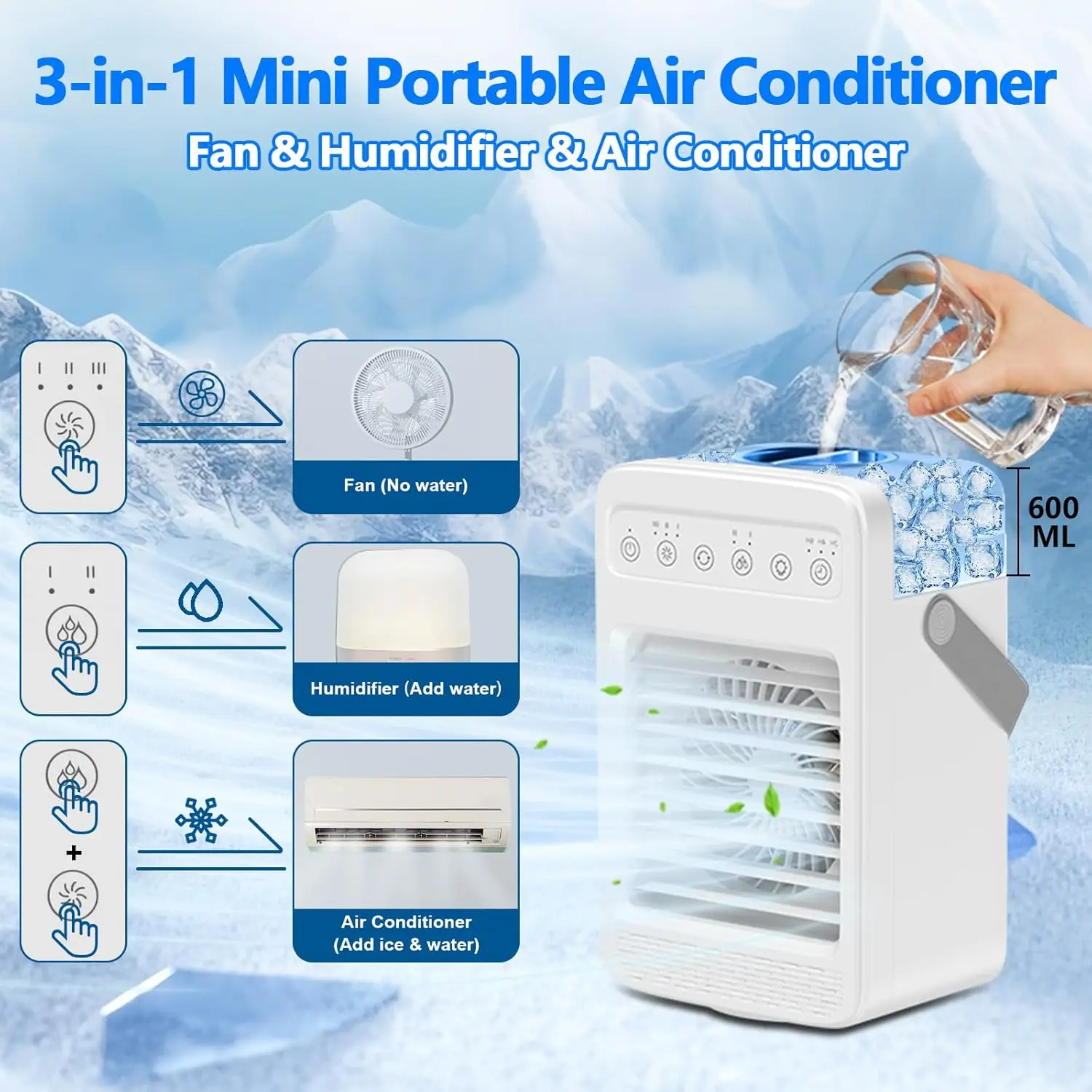 Aire acondicionado de oscilación de 180 °, Enfriador de aire portátil con 4 velocidades de viento, unidad de luz ambiental integrada, tanque de agua grande